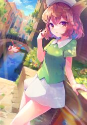 Rule 34 | 1girl, absurdres, arm support, beret, bianca (pokemon heroes), bridge, brown hair, building, canal, cloud, commentary request, creatures (company), day, dennryuurai, fence, game freak, gen 3 pokemon, green shirt, hair between eyes, twirling hair, hand up, hat, highres, latias, legendary pokemon, looking at viewer, medium hair, nintendo, outdoors, parted lips, pokemon, pokemon (anime), pokemon (classic anime), pokemon (creature), pokemon heroes: latios &amp; latias, shirt, short sleeves, sketchbook, sky, standing