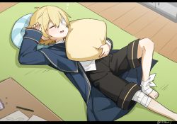 Rule 34 | 1boy, bandages, bandage over one eye, bandaged arm, bandaged foot, bandaged foot, bandaged knees, bandages, black shorts, blonde hair, blue capelet, blue jacket, bubble, capelet, closed eyes, hand up, holding cushion, jacket, lying, male focus, minahoshi taichi, oliver (vocaloid), on back, open mouth, pencil, shirt, shorts, sleeping, solo, table, vocaloid, white shirt, wooden floor