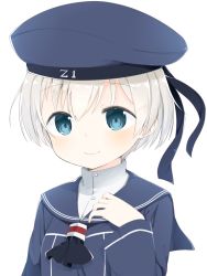 Rule 34 | 10s, 1girl, blue eyes, blush, character name, clothes writing, hand on own chest, hat, kantai collection, long sleeves, muku (muku-coffee), neckerchief, sailor collar, sailor hat, short hair, silver hair, simple background, smile, solo, white background, z1 leberecht maass (kancolle)