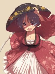 Rule 34 | 1girl, alternate breast size, bowl, bowl hat, breasts, cleavage, hat, holding, holding needle, japanese clothes, kimono, large breasts, long sleeves, mini person, minigirl, needle, obi, sash, simple background, solo, sukuna shinmyoumaru, touhou, urin, wide sleeves