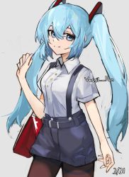 Rule 34 | 1girl, blouse, blue eyes, blue hair, blue nails, brown pantyhose, closed mouth, collared shirt, cowboy shot, dated, dress shirt, fingernails, grey background, grey shorts, hair between eyes, hand up, hatsune miku, highres, looking at viewer, nail polish, pantyhose, shirt, short shorts, short sleeves, shorts, simple background, smile, solo, standing, suspender shorts, suspenders, thighband pantyhose, twintails, vergil mon, vocaloid, white shirt, wing collar