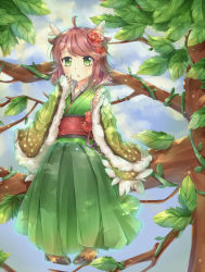 Rule 34 | 1girl, :o, ahoge, animal ears, antlers, blue sky, blush, brown hair, chestnut mouth, coat, day, deer ears, flower, full body, fur trim, green eyes, hand on own face, highres, hooves, horns, in tree, japanese clothes, kano (p&amp;d), kimono, leaf, long hair, long sleeves, natsume kei, obi, outdoors, pigeon-toed, plant, puzzle &amp; dragons, red flower, red rose, rose, sash, sitting, sitting in tree, sky, solo, tree, vines