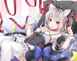 Rule 34 | 1girl, akatsuki hijiri, animal ears, azur lane, bare shoulders, black bow, black dress, blue eyes, blush, bow, breasts, choker, collarbone, corset, dress, hair bow, hammann (azur lane), long hair, looking at viewer, lying, on back, open mouth, pillow, red ribbon, ribbon, ribbon choker, silver hair, skindentation, small breasts, solo, striped, striped background, thighhighs, tsurime, white thighhighs, wrist cuffs