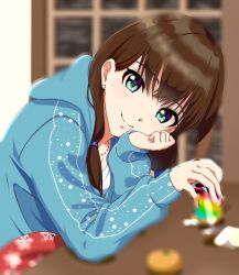 Rule 34 | 1girl, bad id, bad pixiv id, blurry, blurry background, blurry foreground, brown hair, can, earrings, green eyes, hair over shoulder, head rest, highres, holding, holding can, hood, hood down, hooded sweater, idolmaster, idolmaster cinderella girls, jewelry, kotatsu, long hair, long sleeves, looking at viewer, necklace, shibuya rin, shiki (0802makimari), shirt, sitting, smile, snowflake print, solo, sweater, table, under kotatsu, under table, white shirt