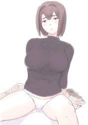 Rule 34 | 1girl, black sweater, bob cut, breasts, brown hair, cowboy shot, hair intakes, highres, hyuuga (kancolle), kantai collection, large breasts, looking at viewer, panties, red eyes, short hair, simple background, sitting, solo, sweater, underwear, vent arbre, white background, white panties