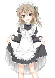 Rule 34 | 1girl, :d, alternate costume, apron, black bow, black dress, blush, bow, brown eyes, brown hair, clothes lift, collared dress, commentary request, dress, dress lift, enmaided, flipper, frilled apron, frills, girls und panzer, hair bow, juliet sleeves, lifted by self, long hair, long sleeves, looking at viewer, maid, maid apron, maid headdress, one side up, open mouth, puffy sleeves, shimada arisu, sidelocks, simple background, smile, solo, white apron, white background
