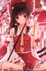 Rule 34 | 1girl, ascot, bad id, bad pixiv id, blush, bow, brown eyes, brown hair, cherry blossoms, detached sleeves, fish, fox mask, goldfish, hair bow, hair tubes, hakurei reimu, highres, holding, holding mask, looking at viewer, mask, parasol, red bow, ribbon-trimmed sleeves, ribbon trim, shangurira, sitting, solo, touhou, umbrella, wariza, water, wide sleeves
