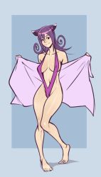 Rule 34 | 1girl, animal ears, animated, animated gif, barefoot, blair (soul eater), breasts, cat ears, curvy, full body, hair between eyes, izra, large breasts, long hair, looking at viewer, nude, purple hair, shiny skin, simple background, smile, solo, soul eater, yellow eyes