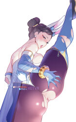 Rule 34 | 1girl, animal ear fluff, animal ears, ass, black hair, blue gloves, blue thighhighs, breasts, brown eyes, capcom, chun-li, cleft of venus, commentary, double bun, earrings, elbow gloves, english commentary, fake animal ears, fake tail, from behind, gloves, hair bun, highleg, highleg leotard, highres, hot vr, jewelry, large breasts, leotard, looking at viewer, looking back, open mouth, pantyhose, patreon logo, patreon username, pearl earrings, pixiv logo, pixiv username, playboy bunny, pussy, rabbit ears, rabbit tail, sideboob, split, standing, standing on one leg, standing split, strapless, strapless leotard, street fighter, street fighter 6, tail, thighhighs, tongue, tongue out, torn clothes, torn gloves, torn pantyhose, torn thighhighs, uncensored, watermark, white background, white leotard