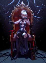 Rule 34 | 1girl, artoria pendragon (all), artoria pendragon (alter swimsuit rider) (third ascension) (fate), artoria pendragon (fate), az (zero glvimayhop), bare shoulders, black dress, black footwear, black gloves, black ribbon, black thighhighs, blonde hair, breasts, breasts apart, closed mouth, clothing cutout, collarbone, crossed legs, dress, excalibur morgan (fate), fate/grand order, fate (series), finger to mouth, full body, gloves, glowing, glowing eyes, gun, head tilt, highres, looking at viewer, medium breasts, midriff, navel, navel cutout, orange eyes, outstretched arm, ribbon, rifle, saber alter, shoes, short hair, sitting, sleeveless, sleeveless dress, smile, sniper rifle, solo, sword, thighhighs, throne, tiara, weapon