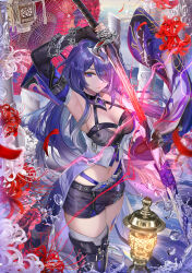 Rule 34 | 1girl, acheron (honkai: star rail), arm up, armpits, black gloves, black shorts, blue eyes, blue hair, boots, breasts, cleavage, commentary request, crop top, detached sleeves, flower, gloves, hair over one eye, highres, holding, holding sword, holding weapon, honkai: star rail, honkai (series), katana, lantern, large breasts, long hair, looking to the side, navel, oil-paper umbrella, oil lamp, sheath, shorts, single glove, single thigh boot, solo, spider lily, stomach, sword, thigh boots, thighs, torino aqua, umbrella, unsheathing, waist cape, water drop, weapon