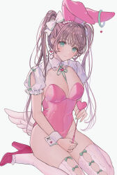 Rule 34 | 1girl, animal ears, bow, breasts, brown hair, cleavage, closed mouth, commentary, earrings, english commentary, fake animal ears, feathered wings, green eyes, green nails, grey background, hair bow, heart, heart earrings, high heels, highres, jewelry, leotard, long hair, looking at viewer, low wings, medium breasts, miyako (xxxbibit), nail polish, original, pink footwear, pink leotard, playboy bunny, puffy short sleeves, puffy sleeves, rabbit ears, shoes, short sleeves, shrug (clothing), simple background, sitting, smile, solo, strapless, strapless leotard, thick eyebrows, thighhighs, twintails, very long hair, wariza, white bow, white thighhighs, white wings, wings, wrist cuffs