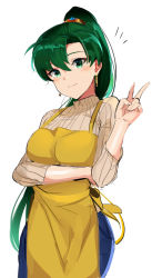 Rule 34 | 1girl, alternate costume, apron, asymmetrical bangs, breasts, contemporary, cowboy shot, denim, fire emblem, fire emblem: the blazing blade, green eyes, green hair, highres, jeans, long hair, long sleeves, looking at viewer, lyn (fire emblem), medium breasts, nintendo, ormille, pants, ponytail, ribbed sweater, simple background, smile, solo, sweater, v, white background