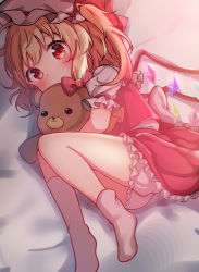 Rule 34 | 1girl, absurdres, ascot, ass, back bow, blonde hair, bloomers, blush, bow, covering own mouth, crystal, feet, flandre scarlet, foot out of frame, hanen (borry), hat, hat ribbon, highres, holding, holding stuffed toy, hug, knees to chest, looking at viewer, lying, mob cap, on side, one-hour drawing challenge, petticoat, puffy short sleeves, puffy sleeves, red bow, red eyes, red ribbon, red skirt, red vest, ribbon, shirt, short hair, short sleeves, skirt, skirt set, socks, solo, stuffed animal, stuffed toy, teddy bear, touhou, underwear, vest, white bow, white hat, white shirt, white socks, wings, yellow ascot