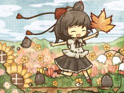 Rule 34 | &gt; &lt;, 1girl, :d, akihiyo, animal, animal on head, bird, bird on head, black hair, black skirt, blouse, blush stickers, cloud, day, closed eyes, female focus, field, flower, flower field, flying, frilled skirt, frills, geta, halftone, halftone background, hand fan, happy, hat, lily of the valley, miniskirt, neck ribbon, on head, open mouth, outdoors, outstretched arms, pleated skirt, ribbon, shameimaru aya, shirt, short sleeves, skirt, sky, smile, solo, spread arms, sunflower, tassel, tengu-geta, tokin hat, touhou, tulip
