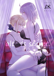 Rule 34 | 2girls, artoria pendragon (all), artoria pendragon (fate), ass, bdsm, blonde hair, bondage, bound, bra, breasts, cover, cover page, curtains, fate/grand order, fate (series), hair ribbon, highres, jeanne d&#039;arc alter (avenger) (fate), jeanne d&#039;arc alter (fate), looking at viewer, looking back, multiple girls, nipi27, ribbon, saber alter, short hair, underwear, white hair, yellow eyes, yuri