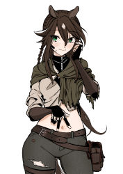 Rule 34 | 1girl, absurdres, animal ears, arknights, belt, belt buckle, belt pouch, black gloves, blush, braid, brown hair, buckle, closed mouth, cowboy shot, crop top, crown braid, elbow gloves, gloves, gluteal fold, green eyes, grey pants, hair between eyes, highres, horse ears, horse girl, horse tail, long hair, looking at viewer, meteor (arknights), midriff, multicolored hair, navel, pants, pouch, rasupekuto, short sleeves, side braid, simple background, smile, solo, spread navel, stomach, sweat, tail, thigh strap, torn clothes, torn pants, two-tone hair, very long hair, white background, white hair