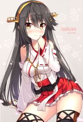 Rule 34 | 10s, 1girl, bad id, bad pixiv id, bare shoulders, black hair, black thighhighs, blush, bow, brown eyes, cherry blossoms, collarbone, cowboy shot, detached sleeves, floral background, grey background, hand on own face, haruna (kancolle), headgear, kantai collection, long hair, looking at viewer, nontraditional miko, nose blush, red skirt, rin yuu, simple background, skirt, smile, solo, thighhighs, thighs, twitter username, very long hair, wide sleeves