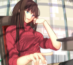 1girl aozaki_aoko blue_eyes blurry blurry_background bracelet breasts brown_hair brown_skirt cup curtains depth_of_field hair_between_eyes hand_in_own_hair hand_up highres holding indoors iro_(sekaixiro) jewelry large_breasts long_hair long_sleeves mahou_tsukai_no_yoru mixed-language_commentary open_mouth pantyhose red_sweater ribbed_sweater sidelocks sitting skirt smile solo sweater table turtleneck turtleneck_sweater upper_body window