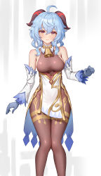 Rule 34 | 1girl, absurdres, ahoge, arm at side, armpit crease, bare shoulders, bell, blue gloves, blue hair, bodystocking, bodysuit, breasts, brown bodysuit, closed mouth, commentary, cowbell, detached sleeves, feet out of frame, ganyu (genshin impact), genshin impact, gloves, goat horns, gold trim, gradient background, grey background, hair between eyes, hand up, highres, horns, knees together feet apart, long hair, long sleeves, looking at viewer, medium breasts, multicolored eyes, neck bell, purple eyes, secon, sidelocks, solo, standing, tearing up, thighlet, waist cape, white background, yellow eyes