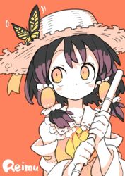 Rule 34 | 1girl, ascot, bamboo broom, blush stickers, broom, bug, butterfly, butterfly on head, character name, detached sleeves, dot nose, fingernails, food, fruit, hair tubes, hakurei reimu, hat, insect, looking up, medium hair, morino hon, orange (fruit), orange background, solo, straw hat, touhou, upper body, yellow eyes