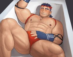 Rule 34 | 1boy, abs, arm hair, bara, bathtub, biceps, blue hair, bulge, chest hair, crotch grab, dark blue hair, drunk, erection, erection under clothes, facial hair, feet out of frame, forked eyebrows, fundoshi, gammei (live a hero), goatee stubble, hachimaki, hairy, headband, highres, japanese clothes, large pectorals, leg hair, live a hero, lying, male focus, male masturbation, masturbation, masturbation through clothes, mature male, medium hair, muscular, muscular male, mutton chops, navel, navel hair, nipples, official alternate costume, on back, pectorals, ponytail, red fundoshi, rongjie, sideburns, sleeping, solo, stomach, stubble, thick thighs, thighs, topless male, undercut