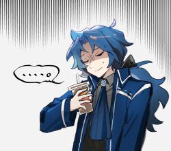 Rule 34 | ..., 1boy, as-zero, black bow, black shirt, blue coat, blue hair, bow, chesed (project moon), closed eyes, closed mouth, coat, collared shirt, cup, disposable cup, hair bow, highres, holding, holding cup, library of ruina, long hair, long sleeves, low ponytail, parted bangs, project moon, shaded face, shirt, simple background, solo, upper body, white background
