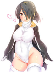 Rule 34 | 10s, 1girl, bird, black gloves, black jacket, blush, breasts, cowboy shot, drawstring, emperor penguin, emperor penguin (kemono friends), gloves, gradient background, groin, headphones, highres, jacket, kemono friends, large breasts, leotard, looking at viewer, multicolored hair, nose blush, open clothes, open jacket, open mouth, partially visible vulva, penguin, pikacchi, purple hair, red eyes, red hair, shiny skin, skin tight, solo, standing, streaked hair, thighhighs, wedgie, white leotard, white thighhighs