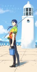 Rule 34 | 1boy, beach, black pants, blue hair, bucket, cu chulainn (fate), cu chulainn (fate/stay night), earrings, fate/stay night, fate (series), fishing rod, happy birthday, highres, holding, jewelry, lighthouse, long hair, looking at viewer, male focus, nora (nora f96), ocean, pants, ponytail, red eyes, smoking, solo