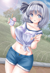 Rule 34 | 1girl, akino irori, breasts, casual, clothes writing, collarbone, food, groin, hairband, highres, ice cream, konpaku youmu, large breasts, looking at viewer, midriff, navel, open mouth, outdoors, short hair, shorts, silver hair, solo, spoon, touhou, tree
