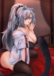 Rule 34 | 1girl, absurdres, animal ears, arknights, bare shoulders, black bra, black legwear, bra, breasts, cat ears, cat tail, cleavage, commentary, hand up, highres, indoors, jacket, lace, lace-trimmed bra, lace-trimmed legwear, lace trim, large breasts, long pointy ears, long sleeves, off shoulder, open clothes, open jacket, open mouth, pointy ears, ponytail, schwarz (arknights), sitting, solo, tail, thighs, underwear, wariza, white jacket, yujieai
