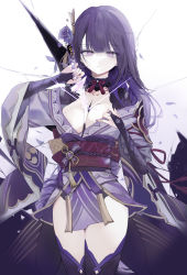 Rule 34 | 1girl, armor, breasts, bridal gauntlets, cleavage, coattails, commentary, electricity, floral print, flower, genshin impact, hair ornament, highres, holding, holding sword, holding weapon, human scabbard, japanese clothes, kimono, large breasts, long hair, long sleeves, looking at viewer, mitsudomoe (shape), mole, mole under eye, nail polish, obi, obiage, obijime, purple eyes, purple flower, purple hair, purple nails, purple thighhighs, quarter 1404, raiden shogun, ribbon, sash, shoulder armor, solo, sword, symbol-only commentary, tassel, thighhighs, tomoe (symbol), weapon, white background, wide sleeves
