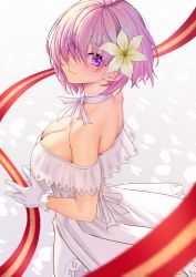 Rule 34 | 1girl, blush, breasts, choker, cleavage, dress, fate/grand order, fate (series), flower, full-face blush, gloves, hair flower, hair ornament, hair over one eye, highres, large breasts, light smile, looking at viewer, looking to the side, mash kyrielight, mash kyrielight (formal dress), off-shoulder dress, off shoulder, purple eyes, purple hair, short hair, solar (happymonk), solo, white choker, white dress, white gloves