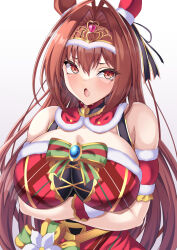 Rule 34 | 1girl, absurdres, animal ears, bare shoulders, blush, breasts, brown hair, commentary request, daiwa scarlet (scarlet nuit etoile) (umamusume), daiwa scarlet (umamusume), detached sleeves, dress, fang, fur-trimmed dress, fur-trimmed sleeves, fur trim, gradient background, grey background, hair between eyes, hair intakes, highres, horse ears, horse girl, large breasts, long hair, looking at viewer, open mouth, parapetto, plaid, plaid dress, puffy short sleeves, puffy sleeves, red dress, red eyes, red sleeves, short sleeves, solo, tiara, umamusume, upper body, very long hair, white background