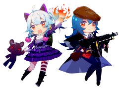 Rule 34 | 2girls, ahoge, animal ears, arm up, beret, bili girl 22, bili girl 33, bilibili, black cape, black footwear, black jacket, blue hair, blue pants, blush, boots, brown hat, cape, cat ears, chibi, closed mouth, collared shirt, fire, formal, gun, hair between eyes, hat, highres, holding, holding gun, holding stuffed toy, holding weapon, jacket, knee boots, layered skirt, long hair, long sleeves, looking at viewer, multiple girls, necktie, one side up, open mouth, outstretched arm, pants, pleated skirt, prophet chu, purple neckwear, purple shirt, purple skirt, red eyes, round teeth, shirt, simple background, single thighhigh, skirt, smile, striped clothes, striped legwear, striped thighhighs, stuffed animal, stuffed toy, suit, teddy bear, teeth, thighhighs, upper teeth only, very long hair, weapon, weapon request, white background, white shirt