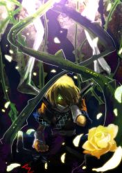 Rule 34 | 1girl, absurdres, arm warmers, blonde hair, female focus, flower, glowing, glowing eye, green eyes, highres, holysnow, mizuhashi parsee, plant, rose, scarf, serious, solo, touhou, vines, yellow flower, yellow rose