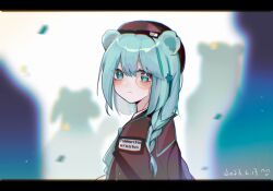 Rule 34 | 1girl, animal ears, arknights, bear ears, beret, blue eyes, blue hair, blurry, blurry background, braid, brown hat, brown jacket, closed mouth, commentary request, confetti, dated, depth of field, eyebrows hidden by hair, from side, hair between eyes, hair ornament, hat, istina (arknights), jacket, letterboxed, long hair, looking at viewer, looking to the side, monocle, multicolored hair, sjutton, solo, star (symbol), star hair ornament, streaked hair, upper body