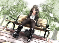 Rule 34 | 1girl, bench, black sweater, blue eyes, blush, boots, brick floor, closed mouth, commentary request, from below, fuu (fuore), high heel boots, high heels, jewelry, leaf, looking at viewer, medium hair, necklace, original, pantyhose, park, park bench, parted bangs, shirt, silver hair, sitting, smile, sweater, tree, white shirt