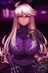Rule 34 | absurdres, ahoge, alma armas, blonde hair, blurry, blurry background, blush, breasts, dark-skinned female, dark skin, drunk, glasses, highres, jill stingray, kuri (tastykuri), large breasts, long hair, prosthesis, prosthetic arm, ribbed sweater, solo, spill, sweater, va-11 hall-a, wet, wet clothes, yellow eyes