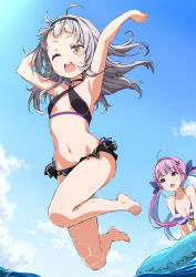 Rule 34 | 2girls, absurdres, ahoge, arm up, armpits, asanaya, barefoot, bikini, black bikini, black choker, black hairband, blue hair, blue hairband, blue sky, breasts, choker, cloud, collarbone, day, hairband, highres, hololive, jumping, long hair, looking at another, medium breasts, minato aqua, minato aqua (hololive summer 2019), multicolored hair, multiple girls, murasaki shion, murasaki shion (hololive summer 2019), ocean, one eye closed, open mouth, pink hair, purple eyes, purple hair, revision, silver hair, sky, striped bikini, striped clothes, swimsuit, teeth, twintails, two-tone hair, upper teeth only, virtual youtuber, water, yellow eyes