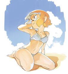 Rule 34 | 1girl, arm behind head, arm support, arm up, bare legs, bare shoulders, barefoot, beach, bikini, blonde hair, blue sky, blunt bangs, breasts, cleavage, closed mouth, collarbone, commentary request, full body, highres, inkling, inkling girl, inkling player character, looking to the side, medium breasts, multicolored hair, navel, nintendo, orange eyes, orange hair, pointy ears, sand, serious, short hair, sitting, sky, solo, splatoon (series), stomach, sumi ko888, swimsuit, tentacle hair, thighs, two-tone hair, v-shaped eyebrows, wariza, white bikini