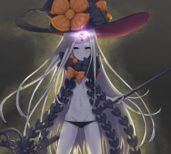 Rule 34 | 1girl, abigail williams (fate), abigail williams (third ascension) (fate), black bow, black hat, black panties, bow, commentary request, fate/grand order, fate (series), glowing, groin, hat, hat bow, highres, holding, holding key, jagooz, key, long hair, looking at viewer, navel, orange bow, oversized object, pale skin, panties, parted bangs, parted lips, polka dot, polka dot bow, purple eyes, revealing clothes, solo, topless, underwear, v-shaped eyebrows, very long hair, white hair, witch hat
