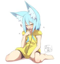 Rule 34 | 1girl, absurdres, animal ear fluff, animal ears, barefoot, bike shorts, black shorts, blue hair, full body, hair between eyes, hand up, highres, hood, hood down, hoodie, idaten93, long hair, looking at viewer, original, saliva, shadow, shorts, simple background, sleeveless, sleeveless hoodie, solo, terufu-chan, tongue, tongue out, translation request, v over mouth, white background, yellow eyes, yellow hoodie