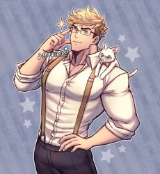Rule 34 | 1boy, absurdres, animal, animal on shoulder, bara, black-framed eyewear, black pants, blonde hair, cat, granblue fantasy, green eyes, head tilt, highres, leaning to the side, pectoral cleavage, male focus, muscular, muscular male, oneirio, pants, partially unbuttoned, pectorals, shirt, short hair, smile, solo, sparkle, suspenders, vane (granblue fantasy), white cat, white shirt