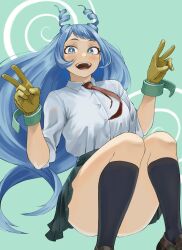 Rule 34 | 1girl, :d, absurdres, blue eyes, blue hair, boku no hero academia, collared shirt, commentary request, drill hair, fengling (furin-jp), floating, gloves, green skirt, hadou nejire, hair horns, hands up, highres, kneehighs, loafers, long hair, looking at viewer, necktie, open mouth, pleated skirt, red necktie, revision, school uniform, shirt, shoes, skirt, smile, socks, solo, twin drills, u.a. school uniform, v, very long hair, white shirt, yellow gloves
