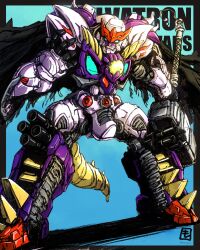 Rule 34 | absurdres, text background, beast wars, beast wars ii, black border, black cape, blue eyes, border, cape, character name, clenched teeth, copyright name, galvatron, gradient background, hammer, hand up, highres, holding, holding hammer, holding weapon, mecha, moyan, open hand, outside border, predacon, robot, science fiction, shadow, solo, standing, tail, teeth, transformers, weapon