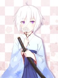 Rule 34 | 10s, 1girl, ahoge, alternate costume, blue hakama, checkered background, commentary request, covering own mouth, eyes visible through hair, flower, flower request, flower to mouth, hair between eyes, hakama, hakama skirt, highres, holding, holding sword, holding weapon, itomi sayaka, japanese clothes, looking away, looking to the side, purple eyes, sheath, sheathed, short hair, signature, skirt, solo, string, string of fate, sword, toji no miko, weapon, white flower, white hair, wide sleeves, yukuri