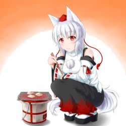 Rule 34 | 1girl, animal ears, bare shoulders, blush, breasts, dagitsune yuu, detached sleeves, food, hat, inubashiri momiji, looking at viewer, pom pom (clothes), red eyes, ribbon-trimmed sleeves, ribbon trim, sandals, short hair, silver hair, sitting, skirt, smile, solo, tail, tokin hat, touhou, wolf ears, wolf tail