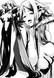 Rule 34 | 1girl, absurdly long hair, artist name, breasts, cleavage, commentary request, dated, demon girl, demon horns, dress, greyscale, highres, horns, kichihachi, large breasts, long hair, looking at viewer, monochrome, multiple views, navel, open mouth, original, pointy ears, saliva, saliva trail, standing, tongue, tongue out, very long hair