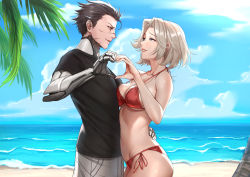Rule 34 | 1boy, 1girl, aged down, arm around waist, bad source, beach, bikini, blue eyes, blue sky, breast press, breasts, casual, cleavage, cloud, cloudy sky, commentary, commission, cyborg, day, english commentary, eye contact, eyeshadow, genji (overwatch), grey hair, heart, heart hands, heart hands duo, height difference, hetero, highres, looking at another, makeup, mechanical arms, medium breasts, mercy (overwatch), metal skin, multiple scars, navel, overwatch, overwatch 1, pink eyeshadow, red bikini, red eyes, scar, scar on face, second-party source, shirt, short hair, side-tie bikini bottom, sky, smile, spaghetti strap, strap gap, sturmjaeger (daybreaks0), swimsuit, t-shirt, underboob